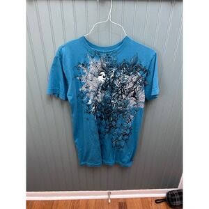 Archaic Mens Teal Blue Graphic T-Shirt Skull Wing MMA Gothic Distressed Medium